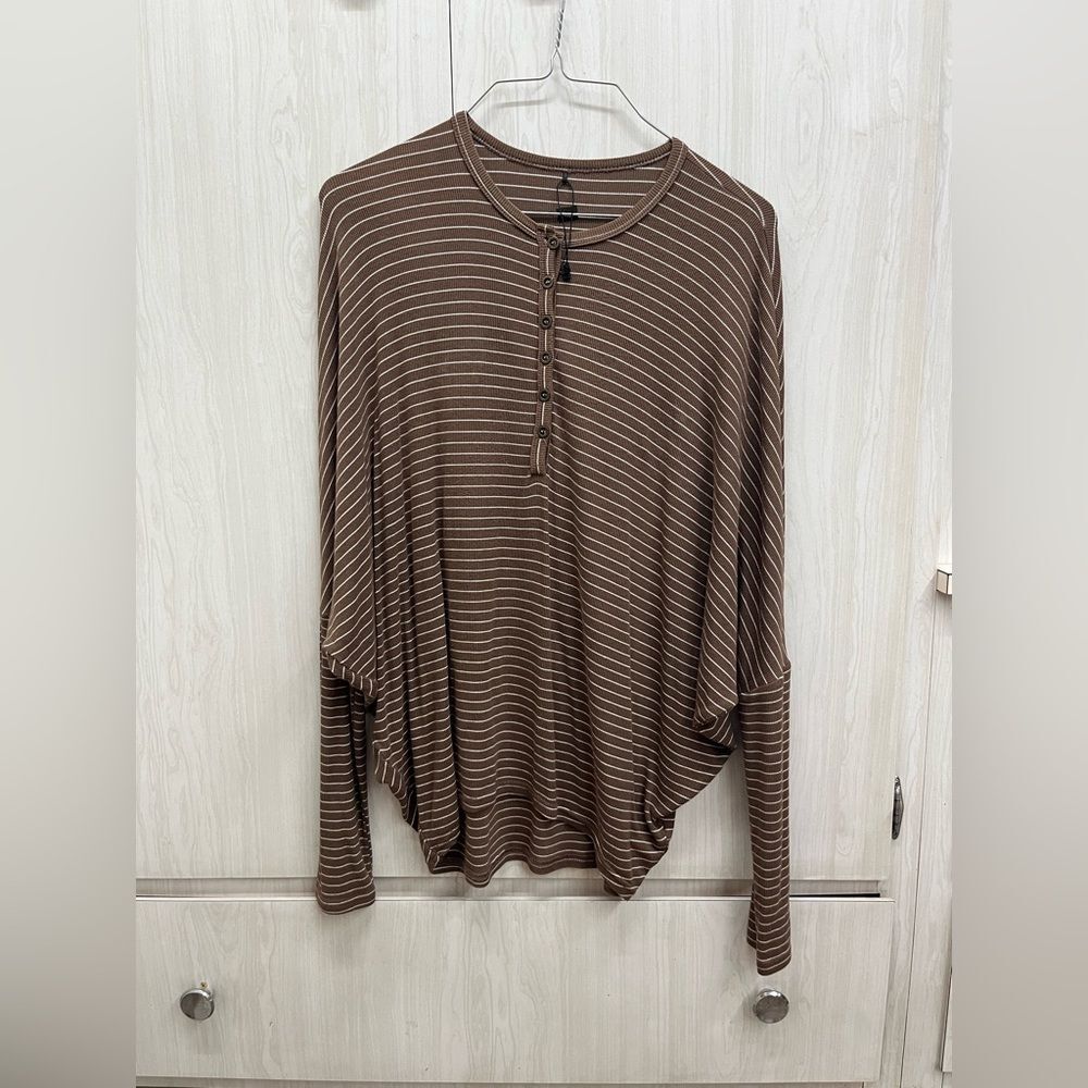 Riff Brown and White Boxy ribbed Long Sleeve Henley top